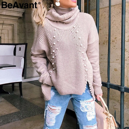 BeAvant Turtleneck plus size loose knitted sweater Beading split casual pullover sweater Long sleeve womens jumpers winter 2019