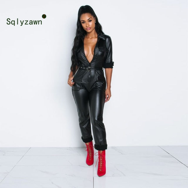 Winter Thicken Long Sleeve PU Leather Jumpsuit Women Turn Down Collar Pu Belt Jumpsuit Bodycon Front Zipper Moto Style Jumpsuit