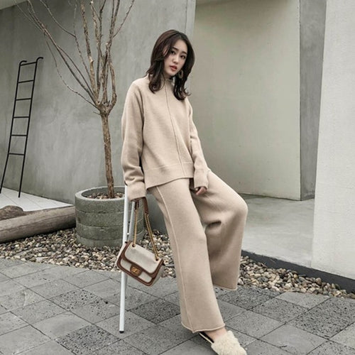 Knitting Female Sweater Pantsuit For Women Two Piece Set Knitted Pullover V-neck Long SleeveTop Wide Leg Pants Suit