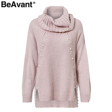 Load image into Gallery viewer, BeAvant Turtleneck plus size loose knitted sweater Beading split casual pullover sweater Long sleeve womens jumpers winter 2019